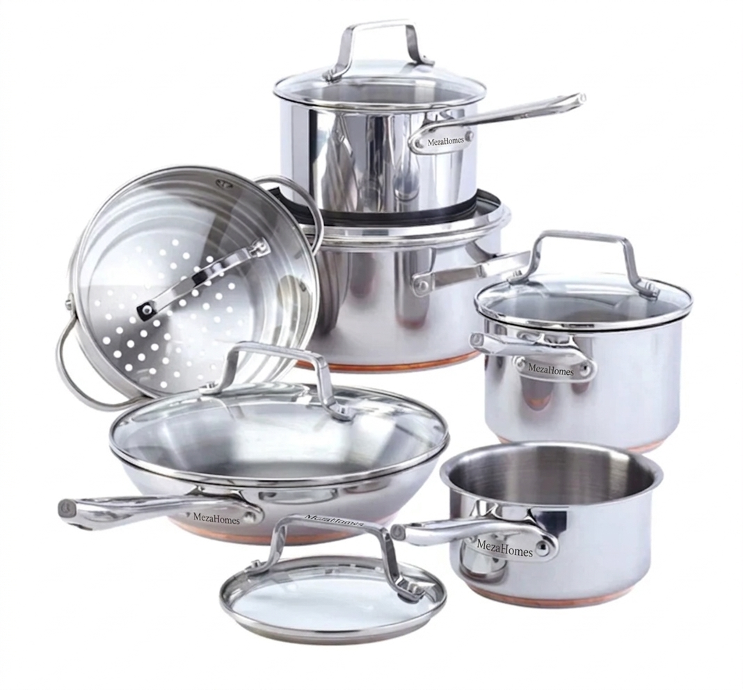 MezaHomes 12-Piece 5-Ply Copper Core Stainless Steel Cookware Set