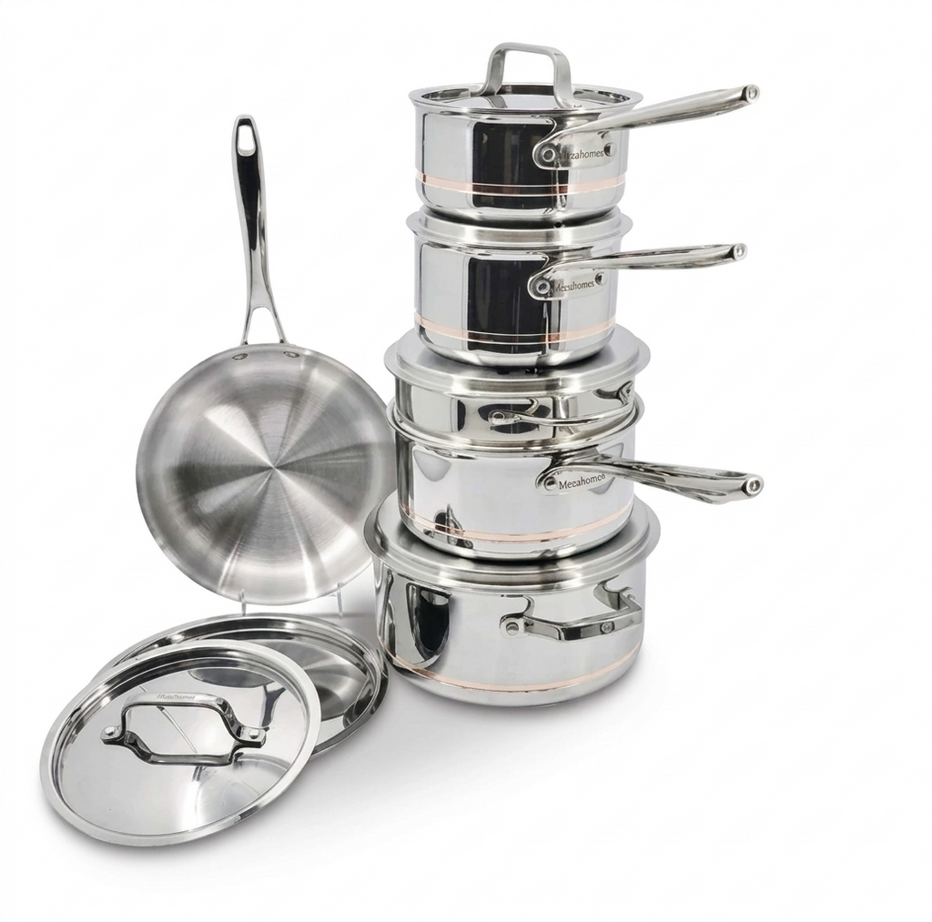MezaHomes Professional 12-Piece 5-Ply Copper Core Stainless Steel Cookware Set
