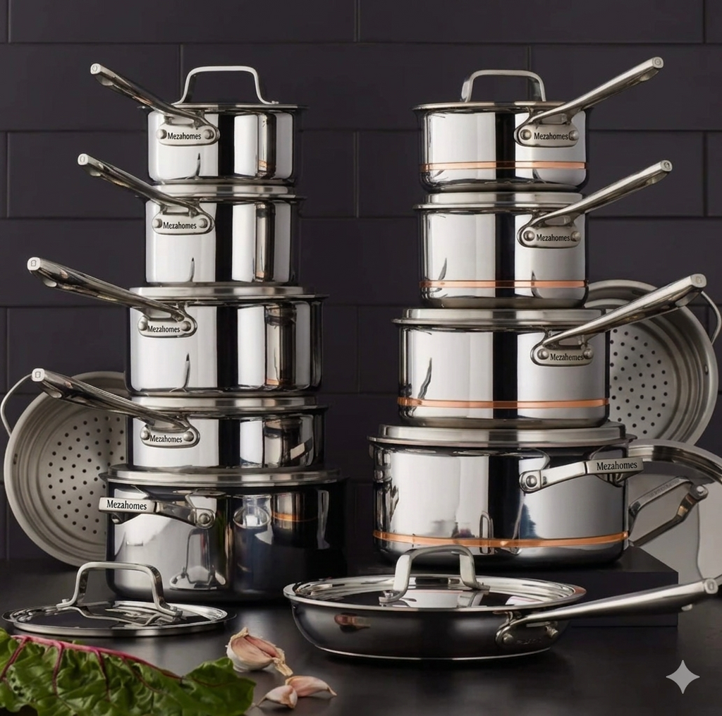 MezaHomes Professional 12-Piece 5-Ply Copper Core Stainless Steel Cookware Set