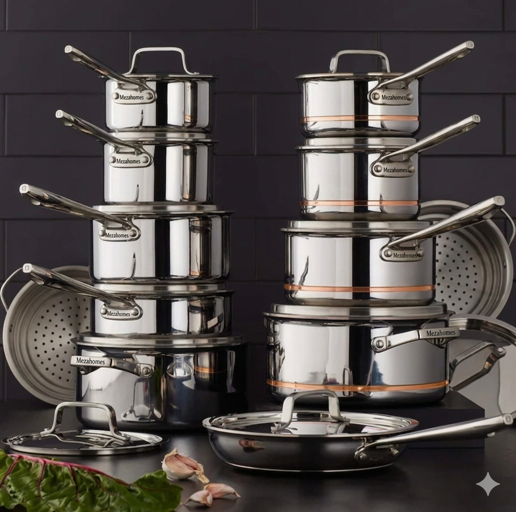 MezaHomes Professional 12-Piece 5-Ply Copper Core Stainless Steel Cookware Set