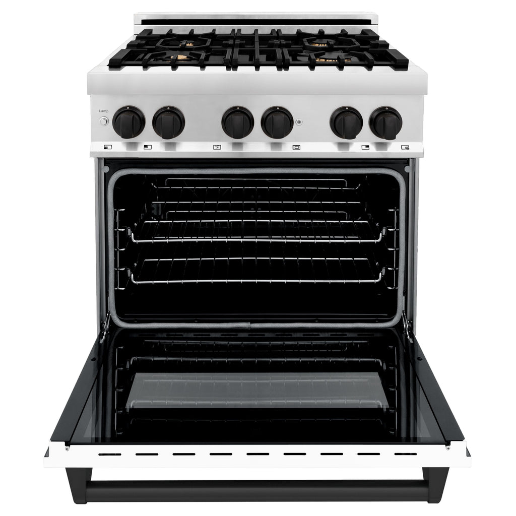 ZLINE Autograph 30 in. Dual Fuel Range 4.0 cu. ft. Gas Cooktop with Electric Convection Oven, White Matte Door and Black Matte Accents (RAZ-WM-30-MB)