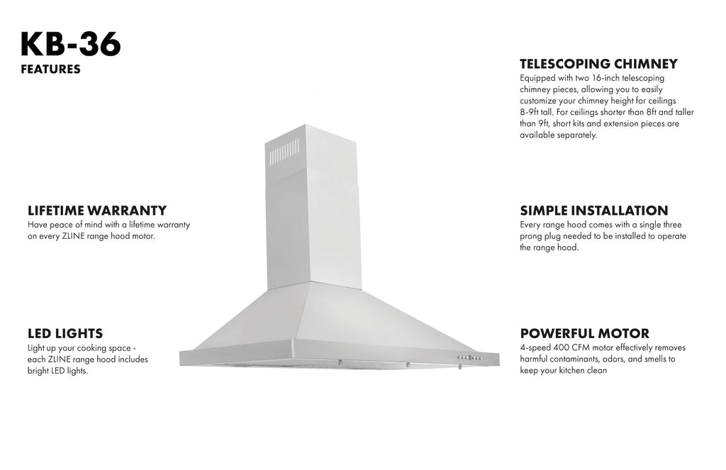 ZLINE 36 in. Wall Mount Range Hood Convertible Vent Stainless Steel KB-36