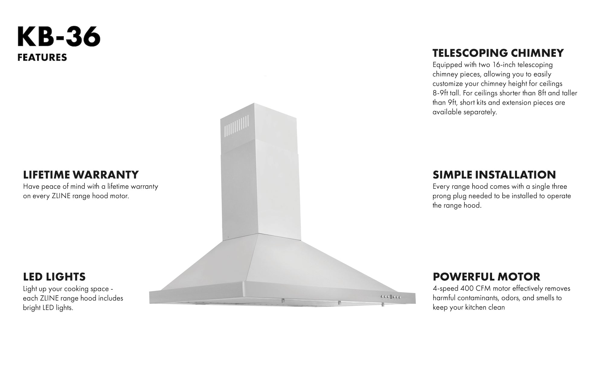 ZLINE 36 in. Wall Mount Range Hood Convertible Vent Stainless Steel KB-36