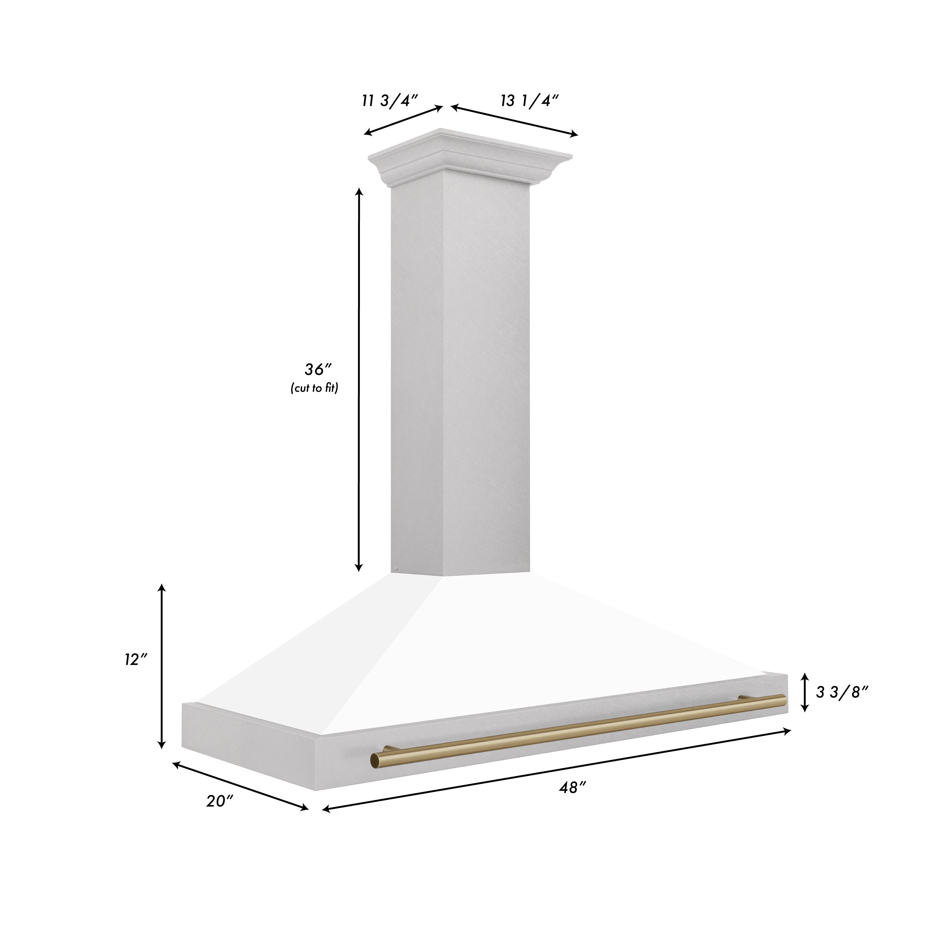 ZLINE 48 in Wall Mount Range Hood Convertible Satin Stainless Steel White Matte Shell Champagne Bronze Handle (KB4SNZ-WM48-CB)