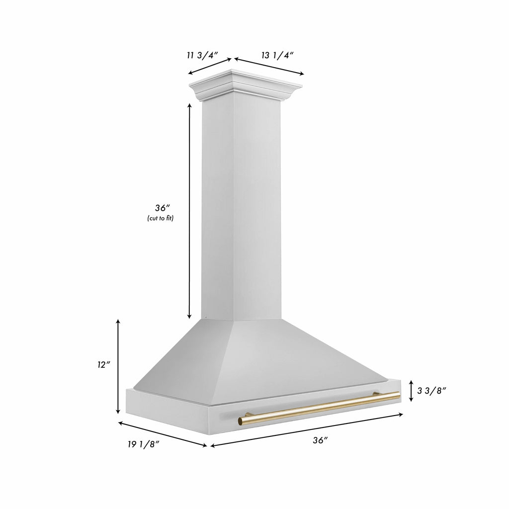 ZLINE 36 Inch Range Hood Stainless Steel Wall Mount Autograph Edition Gold Handle 4-Speed Fan KB4STZ-36-G