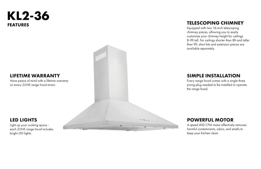 ZLINE 36 in. Wall Mount Range Hood Convertible Vent Stainless Steel 4-Speed 700 CFM (KL2-36)