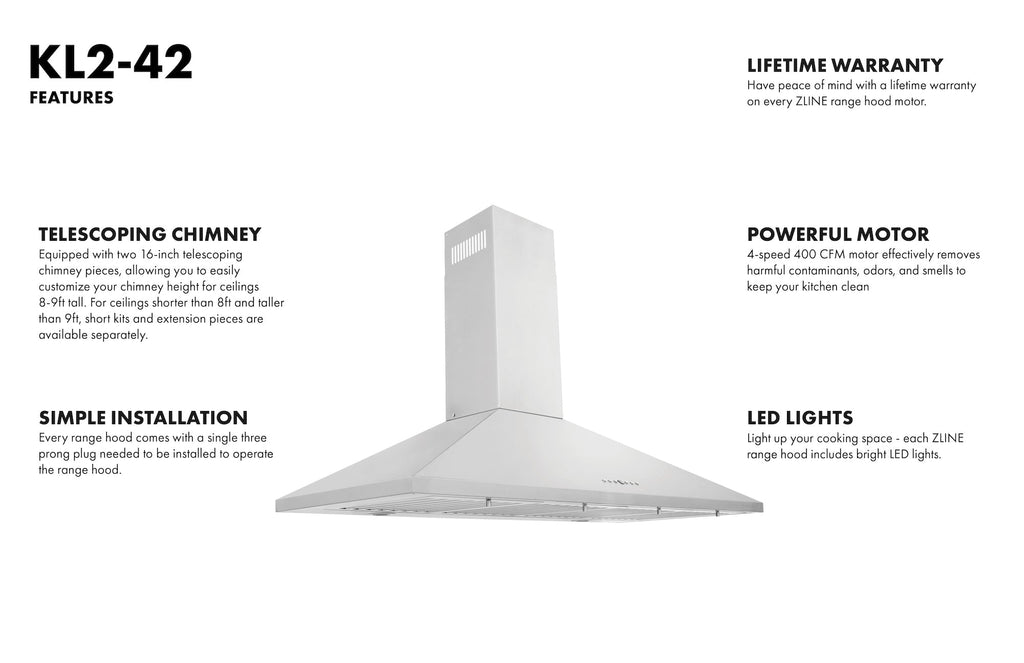 ZLINE 42 in. Wall Mount Range Hood, Convertible Vent, Stainless Steel (KL2-42)