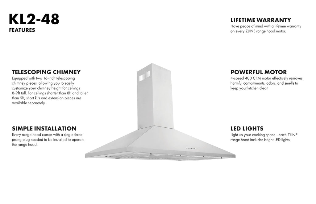 ZLINE 48 in Wall Mount Range Hood Stainless Steel Convertible Vent Kitchen Hood KL2-48