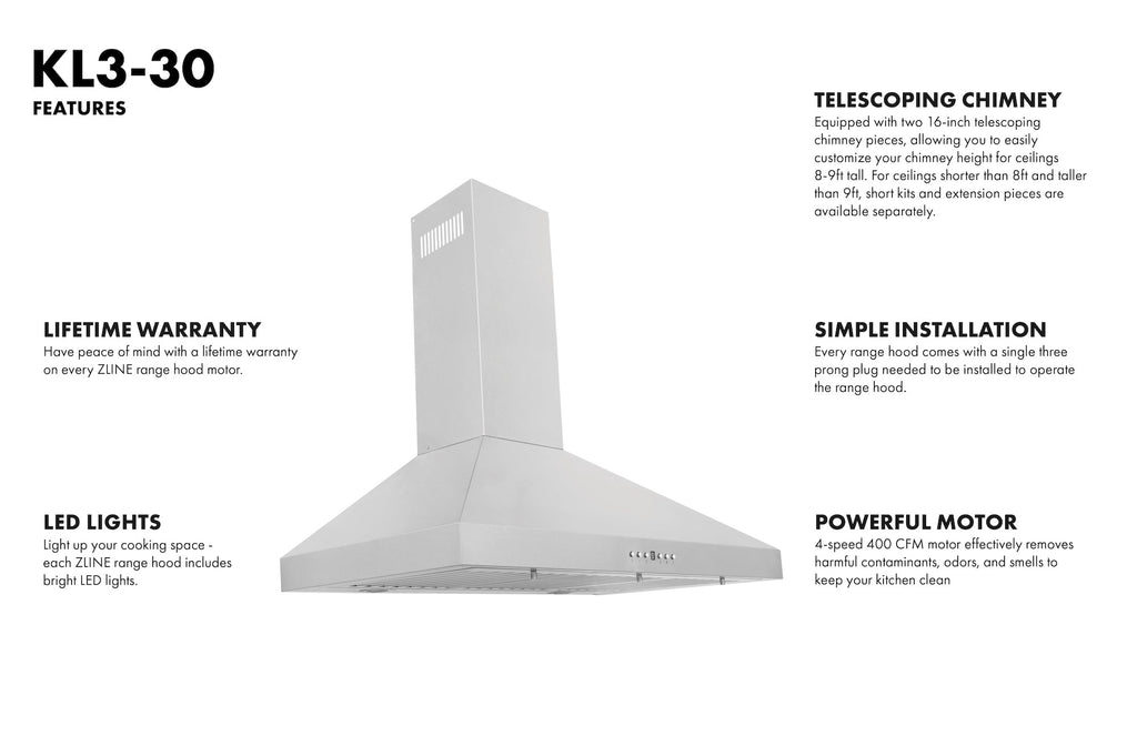 ZLINE 30 in Wall Mount Range Hood Convertible Vent Stainless Steel 400 CFM (KL3-30)