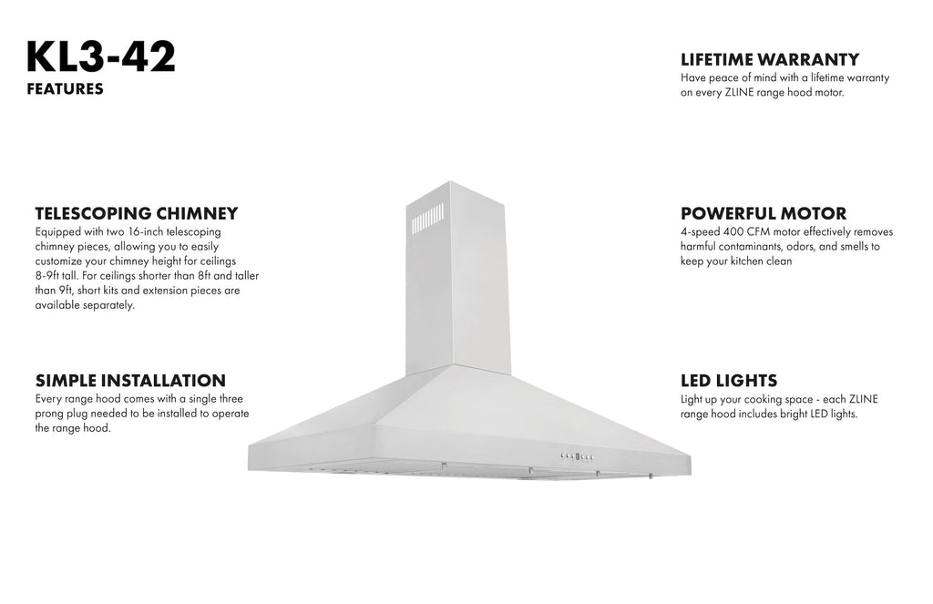 ZLINE 42 Inch Wall Mount Range Hood Convertible Vent Stainless Steel 4-Speed 400 CFM (KL3-42)