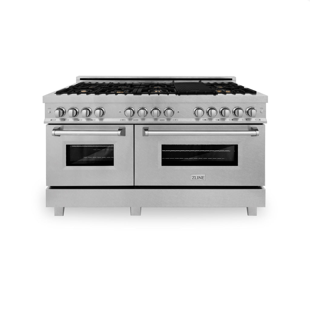ZLINE 60 in. Legacy Dual Fuel Range with 8 Brass Burners, Gas Cooktop, Double Electric Convection Ovens (7.4 cu. ft.), Satin Stainless (RAS-SN-BR-60)