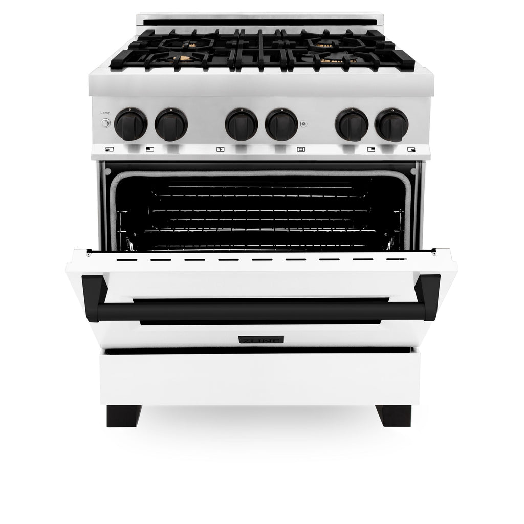 ZLINE Autograph 30 in. Dual Fuel Range 4.0 cu. ft. Gas Cooktop with Electric Convection Oven, White Matte Door and Black Matte Accents (RAZ-WM-30-MB)