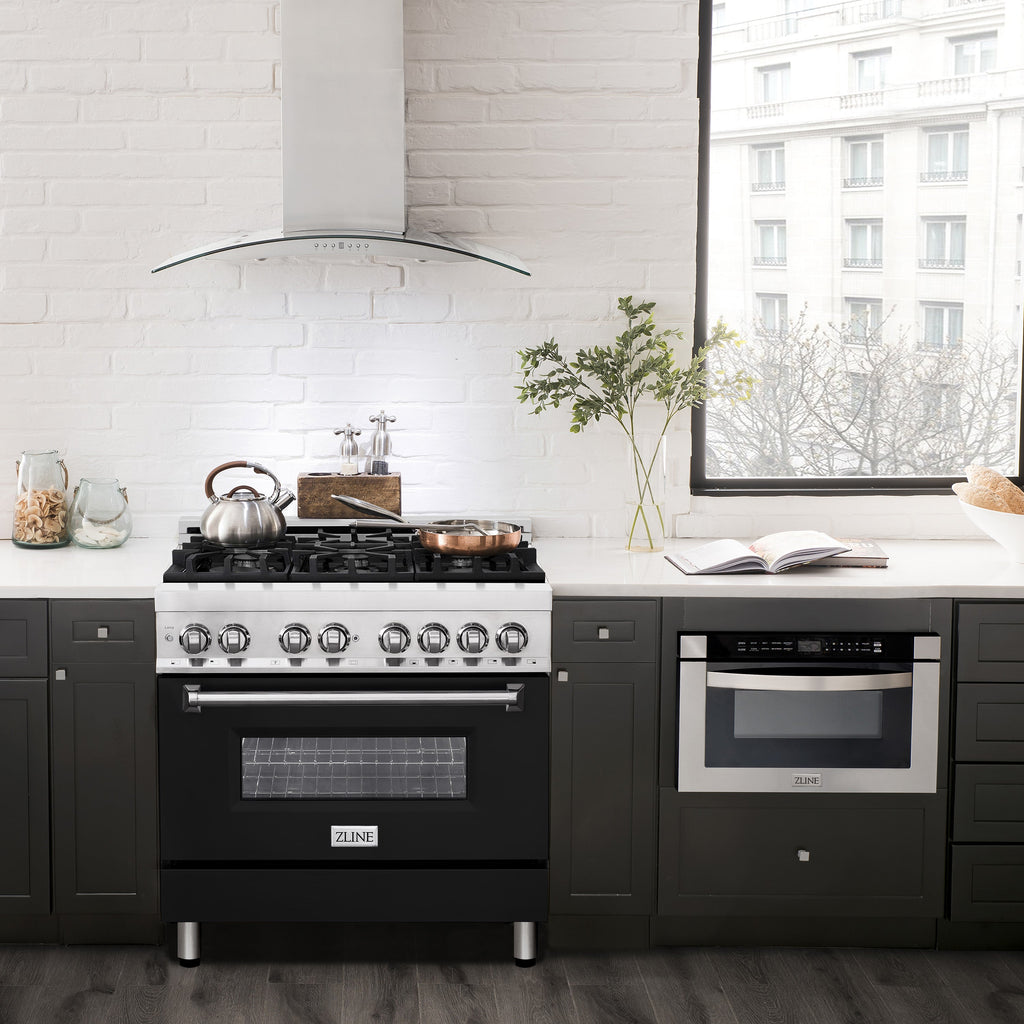 ZLINE 36" Dual Fuel Range with Gas Burners and Electric Oven, Stainless Steel with Black Matte Door (RA-BLM-36)
