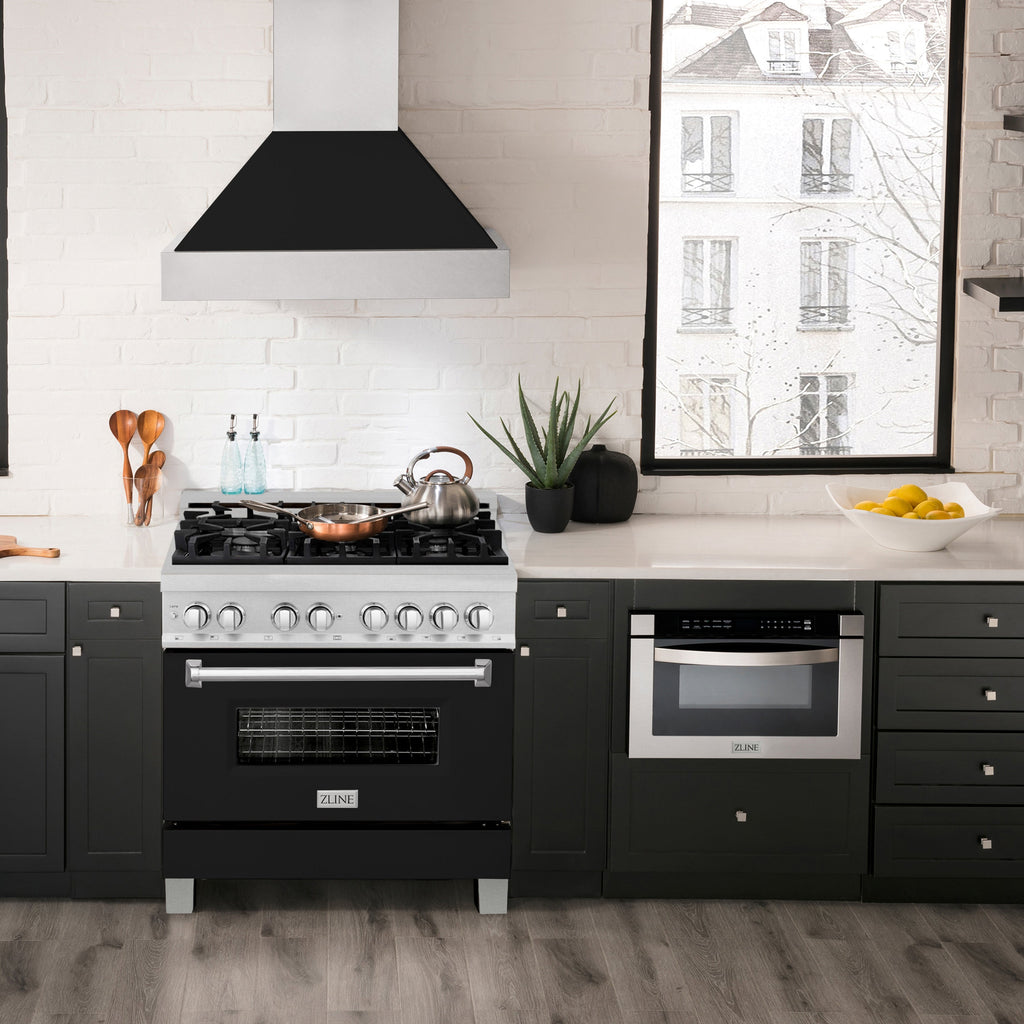 ZLINE Legacy 36-Inch Dual Fuel Range, 4.6 cu. ft. Electric Convection Oven, 6-Burner Gas Cooktop, Satin Stainless Steel with Black Matte Door – Model RAS-BLM-36