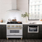 ZLINE Autograph Edition 36 in. 4.6 cu. ft. Legacy Dual Fuel Range with 6 Burner Gas Cooktop and Electric Convection Oven in Satin Stainless Steel with Champagne Bronze Accents (RASZ-SN-36-CB)