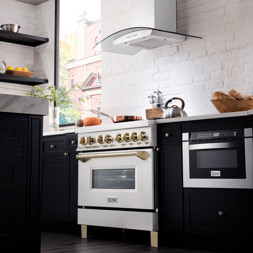 ZLINE Autograph 36 in. 4.6 cu. ft. Legacy Dual Fuel Range with 6 Gas Burners and Electric Convection Oven in Satin Stainless Steel with Polished Gold Accents (RASZ-SN-36-G)