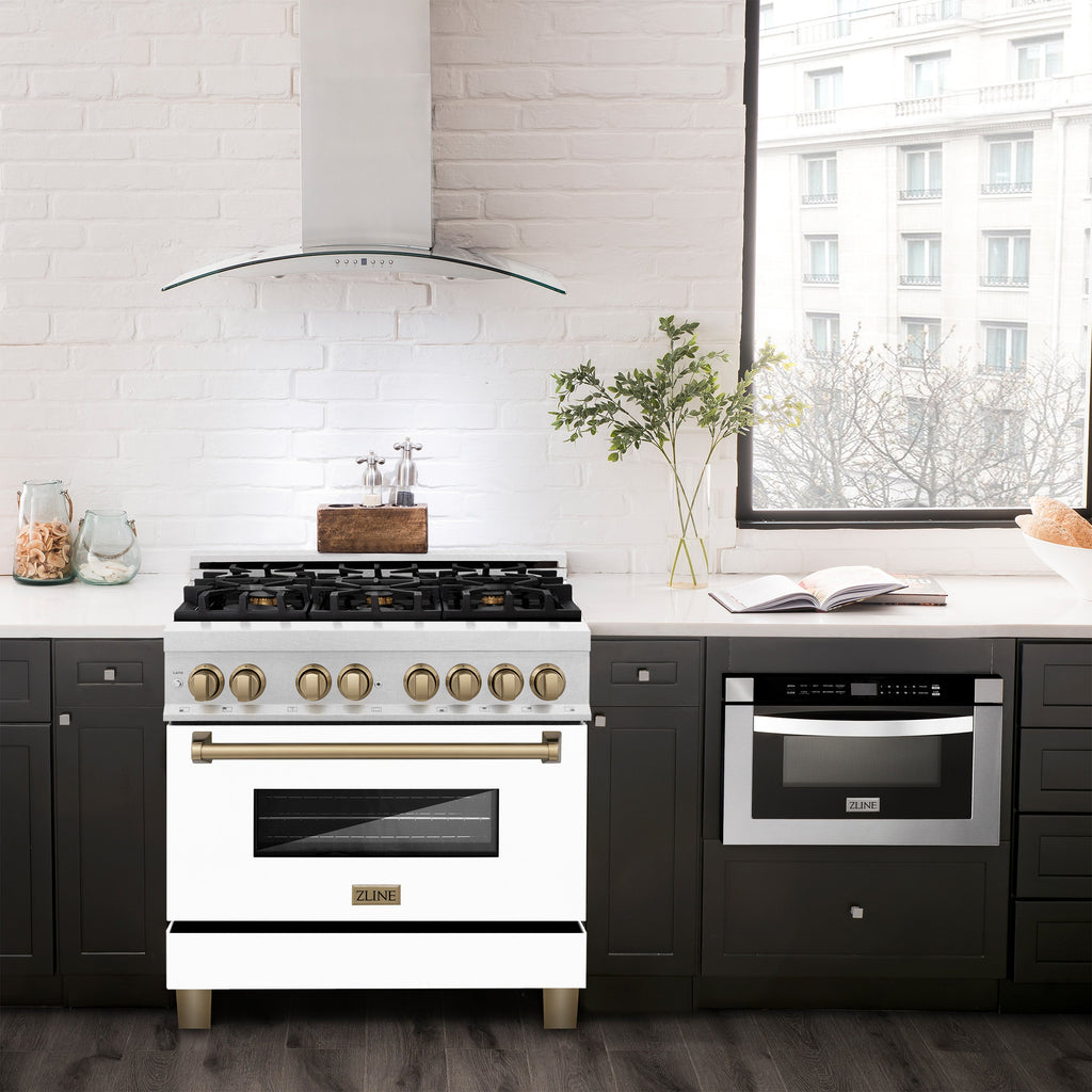 ZLINE Autograph Edition 36 in. 4.6 cu. ft. Legacy Dual Fuel Range with 6 Sealed Gas Burners and Electric Convection Oven in Satin Stainless Steel with White Matte Door and Champagne Bronze Accents (RASZ-WM-36-CB)