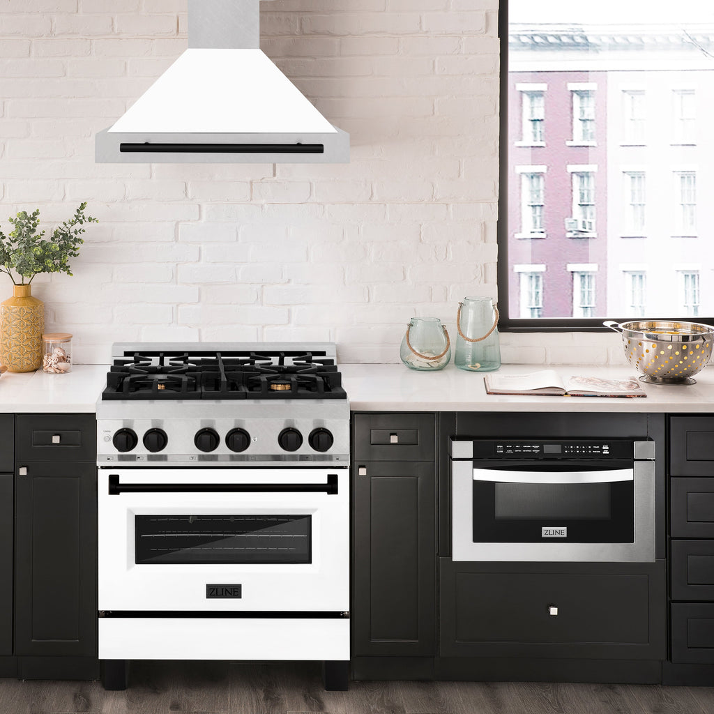ZLINE 30 in. Wall Mount Range Hood Convertible 400 CFM Satin Stainless Steel White Matte Shell Matte Black Handle (KB4SNZ-WM30-MB)