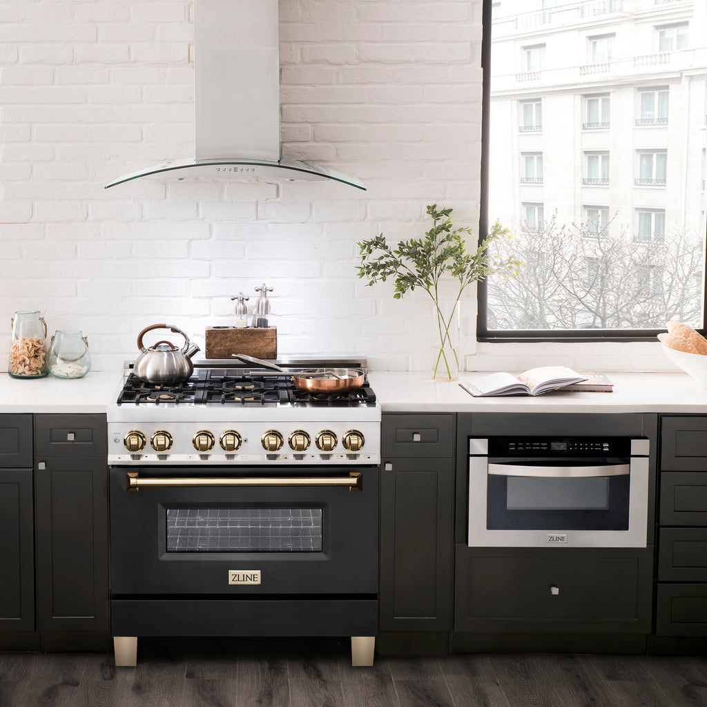 ZLINE Autograph 36 in. Dual Fuel Range 4.6 cu. ft. with Gas Cooktop, Electric Oven, Black Matte Door and Gold Accents (RAZ-BLM-36-G)