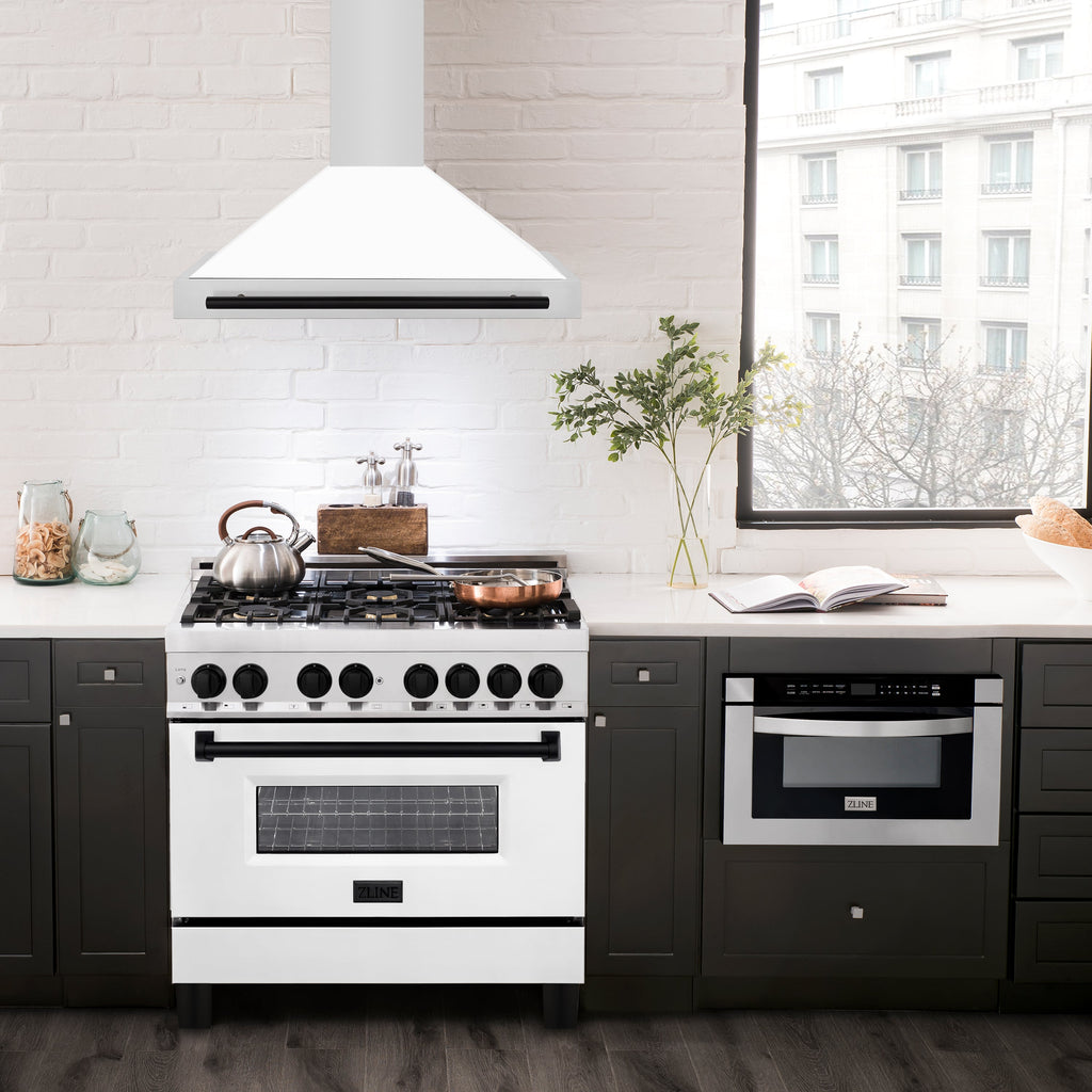 ZLINE 36 in. Wall Mount Range Hood Stainless Steel White Matte Shell Black Handle Autograph Edition (KB4STZ-WM36-MB)
