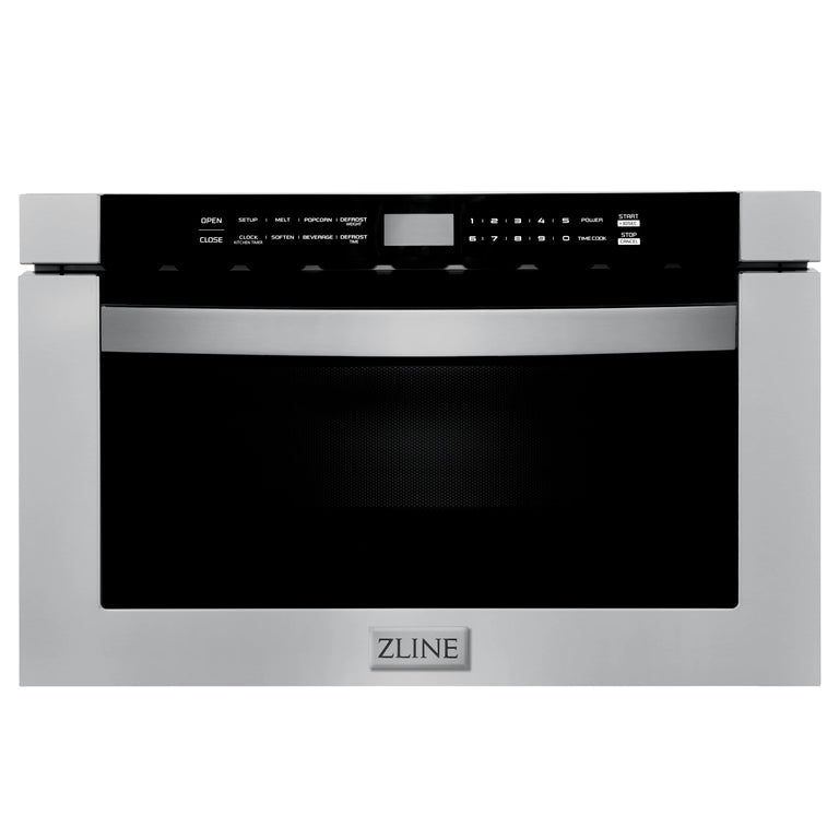 ZLINE Appliance Package - 48" Gas Range, Range Hood, 36" Refrigerator with Water/Ice Dispenser, 24" Microwave Drawer and Dishwasher in Stainless Steel