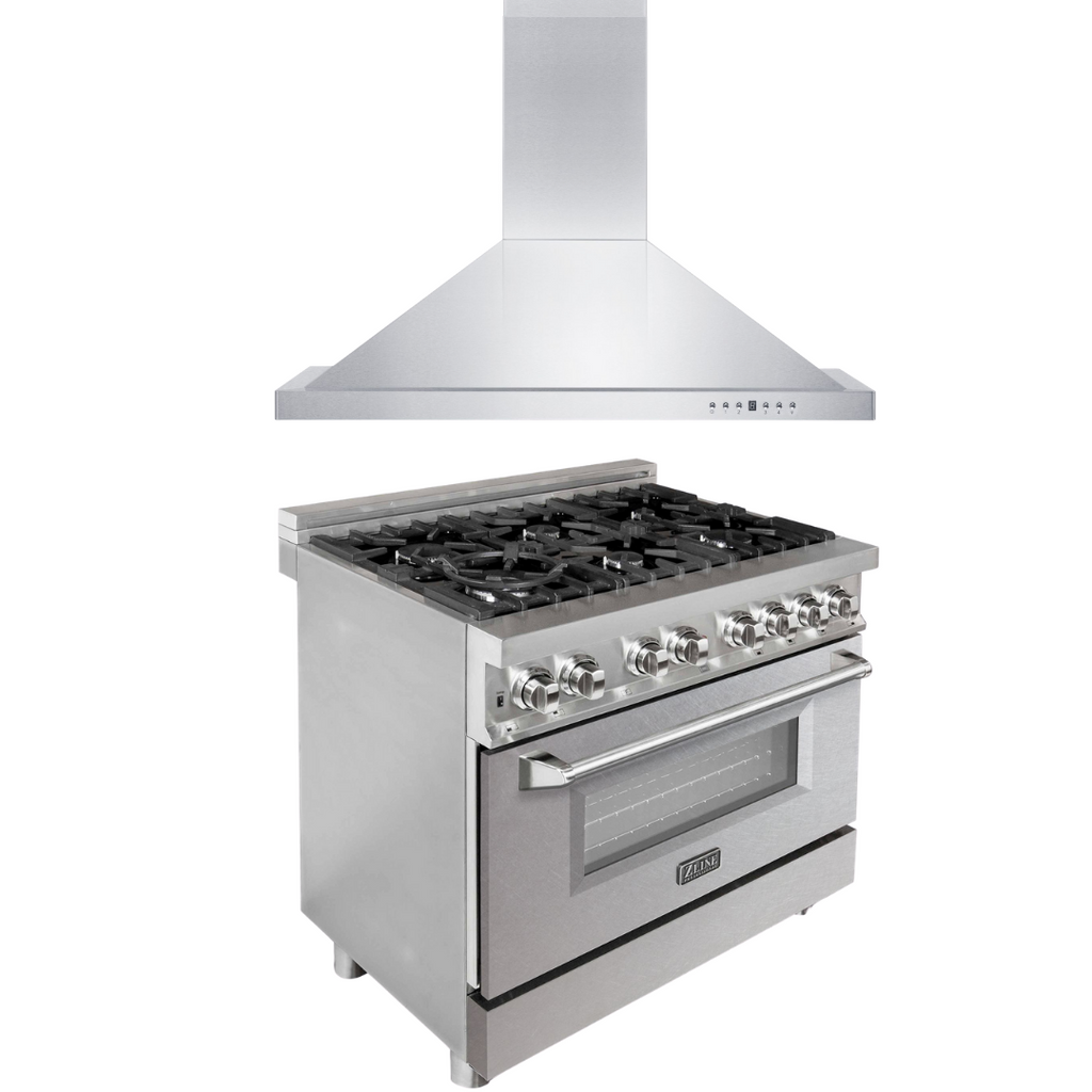 ZLINE Kitchen and Bath 36 in. Dual Fuel Range with Satin Stainless Steel Door & 36 in. Range Hood Appliance Package, 2KP-RASNRH36