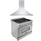 ZLINE Kitchen and Bath 36 in. Dual Fuel Range with Satin Stainless Steel Door & 36 in. Range Hood Appliance Package, 2KP-RASNRH36
