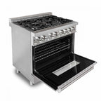 ZLINE Kitchen and Bath 36 in. Dual Fuel Range with Satin Stainless Steel Door & 36 in. Range Hood Appliance Package, 2KP-RASNRH36