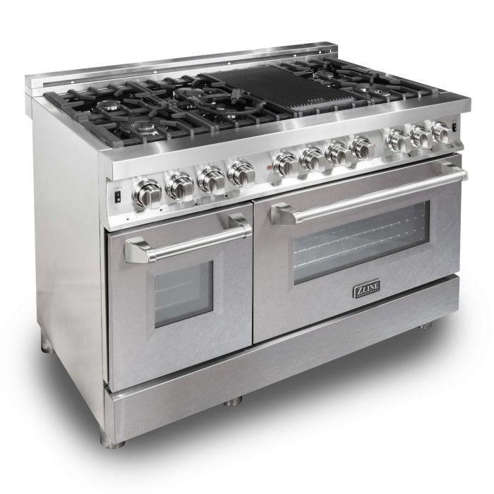 ZLINE 48 in. Dual Fuel Range with Satin Stainless Steel Door & 48 in. Range Hood, 2KP-RASNRH48