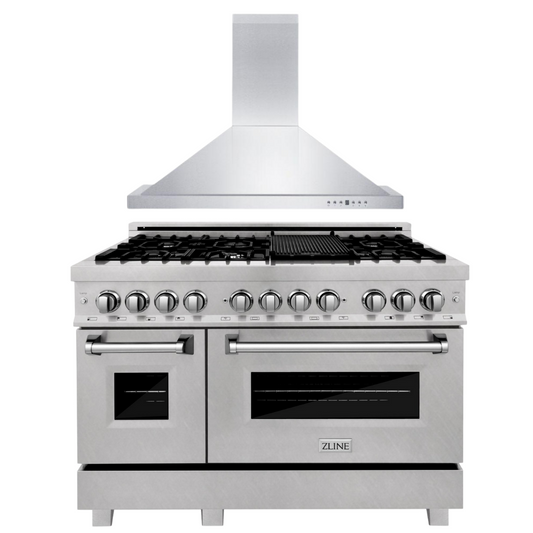 ZLINE 48 in. Dual Fuel Range with Satin Stainless Steel Door & 48 in. Range Hood, 2KP-RASNRH48