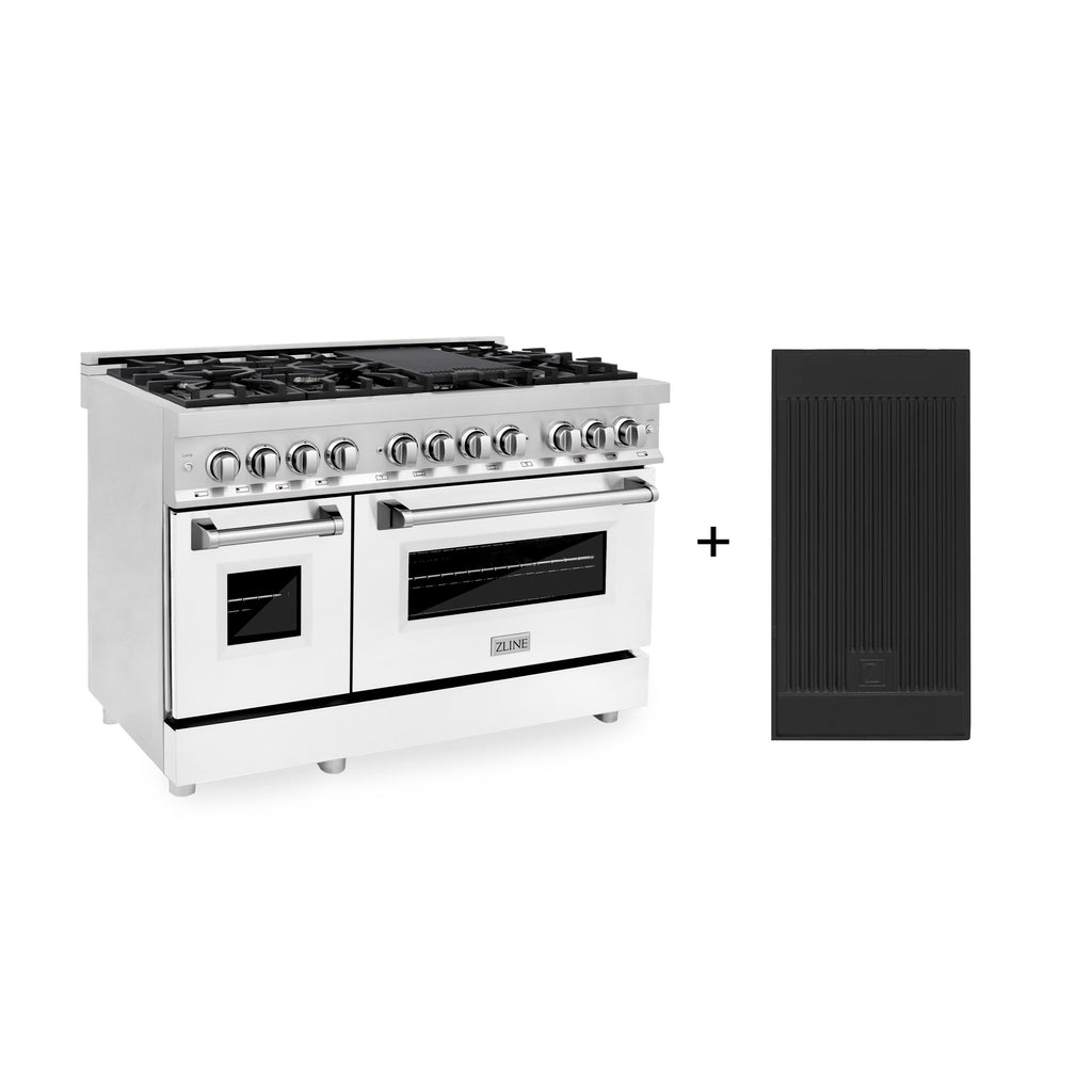 ZLINE 48-Inch Dual Fuel Range with Gas Cooktop, Electric Oven, Griddle, 6.0 cu. ft., White Matte Door, Stainless Steel (RA-WM-GR-48)