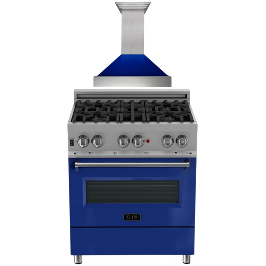 ZLINE 30" Dual Fuel Range in Satin Stainless Steel with Blue Gloss Door & 30" Range Hood Appliance Package, 2KP-RASBGRH30