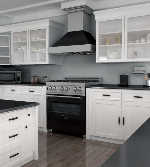ZLINE 30 in. Dual Fuel Range in Satin Stainless Steel with Black Matte Door & 30 in. Range Hood Appliance Package, 2KP-RASBLMRH30
