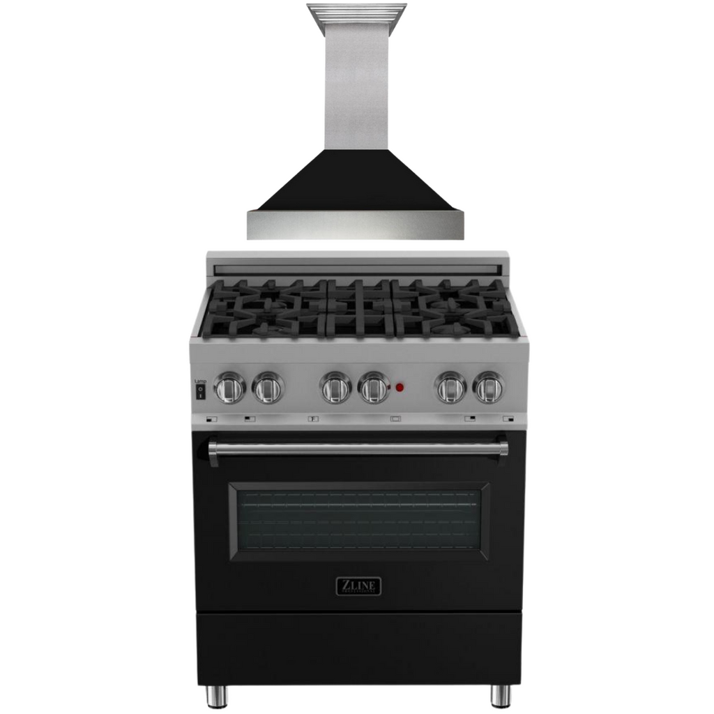 ZLINE 30 in. Dual Fuel Range in Satin Stainless Steel with Black Matte Door & 30 in. Range Hood Appliance Package, 2KP-RASBLMRH30