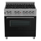 ZLINE 36" Dual Fuel Range in Satin Stainless Steel with Black Matte Door & 36" Range Hood Appliance Package, 2KP-RASBLMRH36