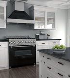 ZLINE 36" Dual Fuel Range in Satin Stainless Steel with Black Matte Door & 36" Range Hood Appliance Package, 2KP-RASBLMRH36