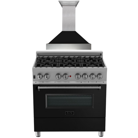 ZLINE 36" Dual Fuel Range in Satin Stainless Steel with Black Matte Door & 36" Range Hood Appliance Package, 2KP-RASBLMRH36
