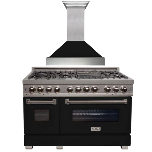 ZLINE Appliance Package - 48" Dual Fuel Range with Black Matte Door and Convertible Vent Range Hood in Satin Stainless Steel, 2KP-RASBLMRH48