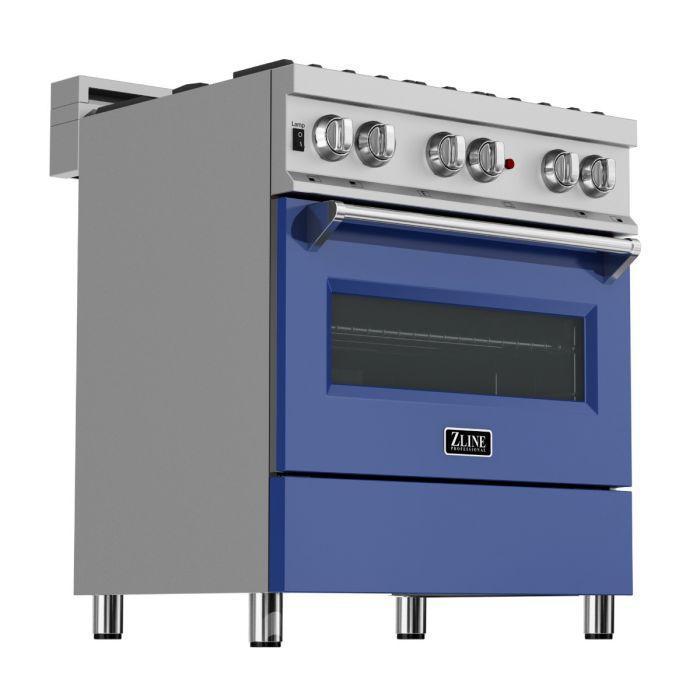 ZLINE 30" Dual Fuel Range in Satin Stainless Steel with Blue Matte Door & 30" Range Hood Appliance Package, 2KP-RASBMRH30