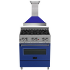ZLINE 30" Dual Fuel Range in Satin Stainless Steel with Blue Matte Door & 30" Range Hood Appliance Package, 2KP-RASBMRH30