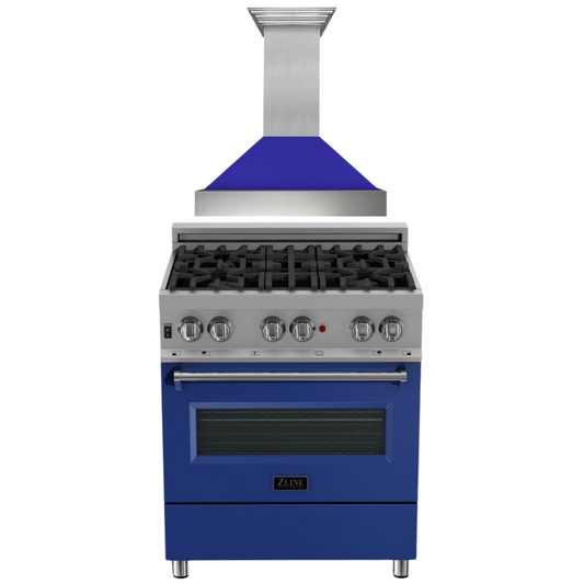 ZLINE 30" Dual Fuel Range in Satin Stainless Steel with Blue Matte Door & 30" Range Hood Appliance Package, 2KP-RASBMRH30