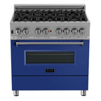 ZLINE Appliance Package - 36" Dual Fuel Range with Blue Matte Door and Convertible Vent Range Hood in Satin Stainless Steel, 2KP-RASBMRH36