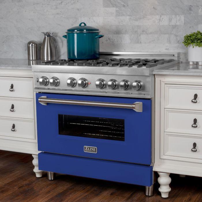 ZLINE Appliance Package - 36" Dual Fuel Range with Blue Matte Door and Convertible Vent Range Hood in Satin Stainless Steel, 2KP-RASBMRH36