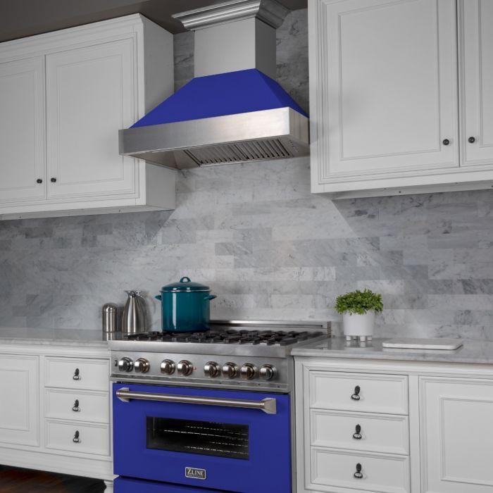 ZLINE Appliance Package - 36" Dual Fuel Range with Blue Matte Door and Convertible Vent Range Hood in Satin Stainless Steel, 2KP-RASBMRH36