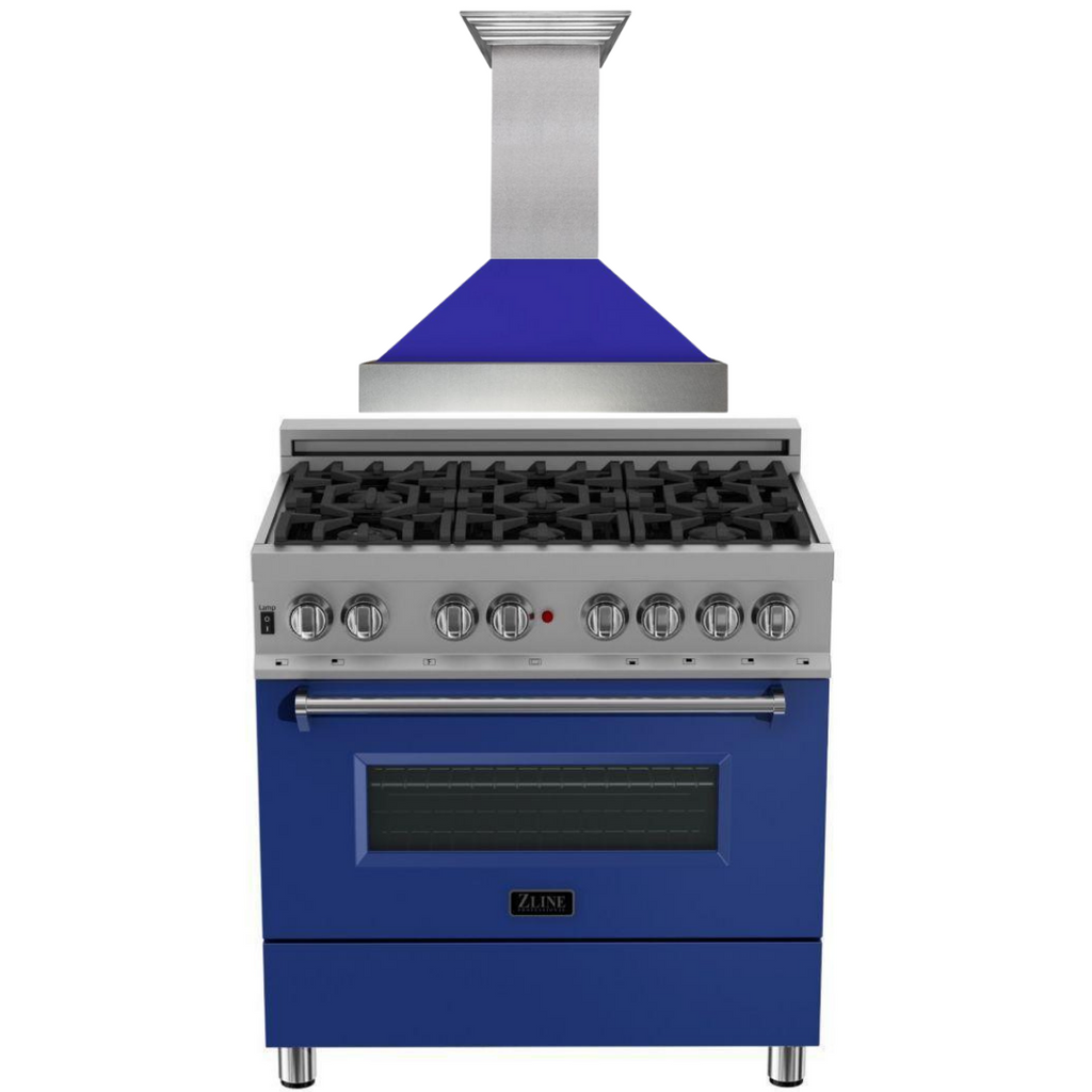 ZLINE Appliance Package - 36" Dual Fuel Range with Blue Matte Door and Convertible Vent Range Hood in Satin Stainless Steel, 2KP-RASBMRH36