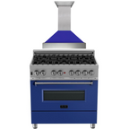 ZLINE Appliance Package - 36" Dual Fuel Range with Blue Matte Door and Convertible Vent Range Hood in Satin Stainless Steel, 2KP-RASBMRH36