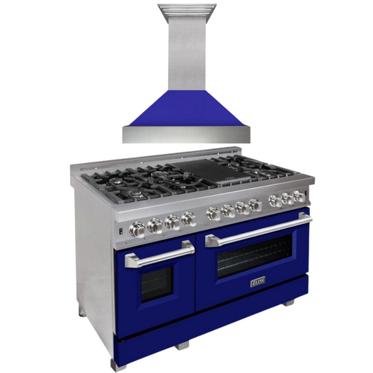 ZLINE Appliance Package - 48" Dual Fuel Range with Blue Matte Door and Convertible Vent Range Hood in Satin Stainless Steel, 2KP-RASBMRH48