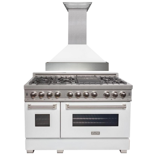 ZLINE Appliance Package - 48" Dual Fuel Range with White Matte Door and Convertible Vent Range Hood in Satin Stainless Steel, 2KP-RASWMRH48