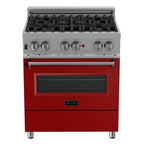 ZLINE 30" Dual Fuel Range in Satin Stainless Steel with Red Matte Door & 30" Range Hood Appliance Package, 2KP-RASRMRH30