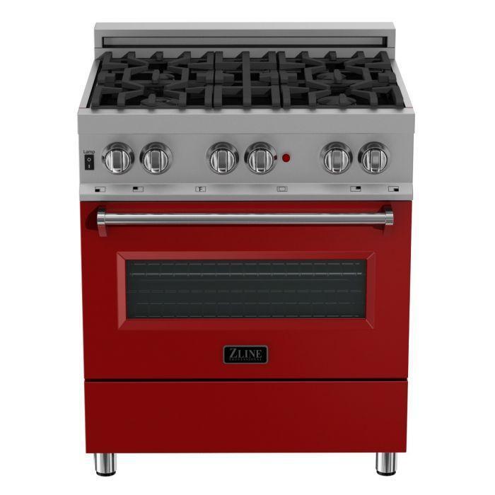 ZLINE 30" Dual Fuel Range in Satin Stainless Steel with Red Matte Door & 30" Range Hood Appliance Package, 2KP-RASRMRH30